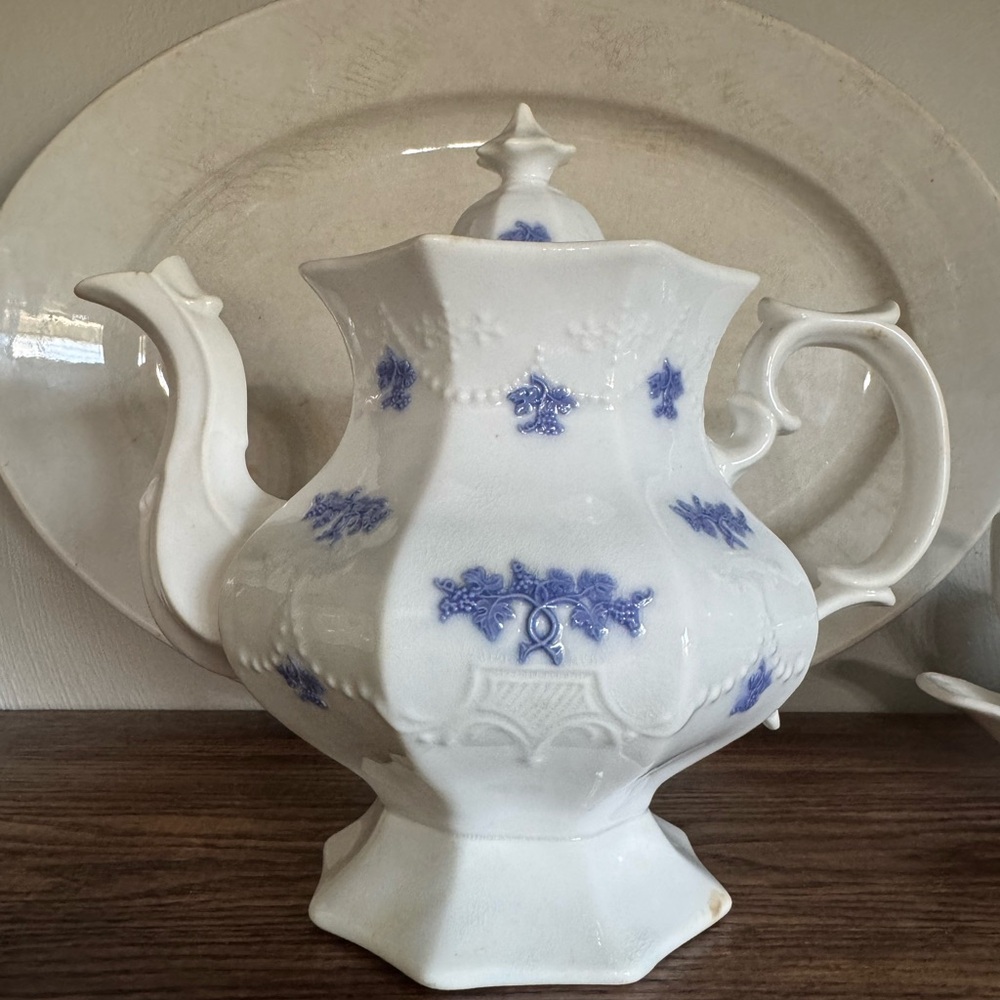 Elegant White and Blue Floral Teapot with lid & two teacups